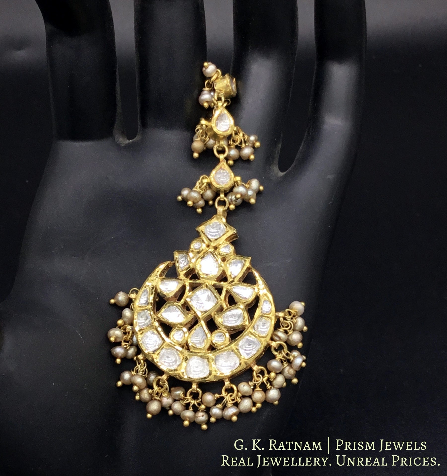 18k Gold and Diamond Polki Maang Tika strung in Antiqued Freshwater Pearls