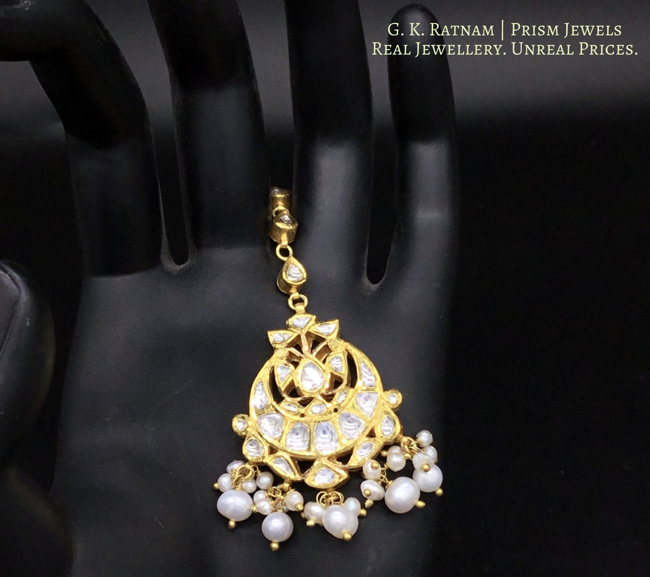 18k Gold and Diamond Polki Maang Tika with Natural Freshwater Pearls - gold diamond polki kundan meena jadau jewellery