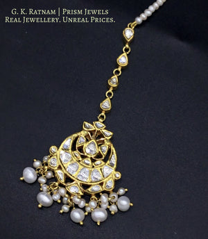18k Gold and Diamond Polki Maang Tika with Natural Freshwater Pearls - gold diamond polki kundan meena jadau jewellery