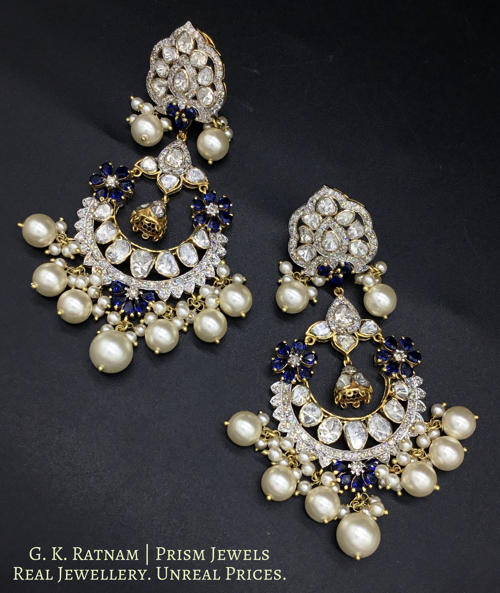 14k Gold and Diamond Polki Open Setting Chand Bali Earring Pair with hyderabadi pearls - gold diamond polki kundan meena jadau jewellery