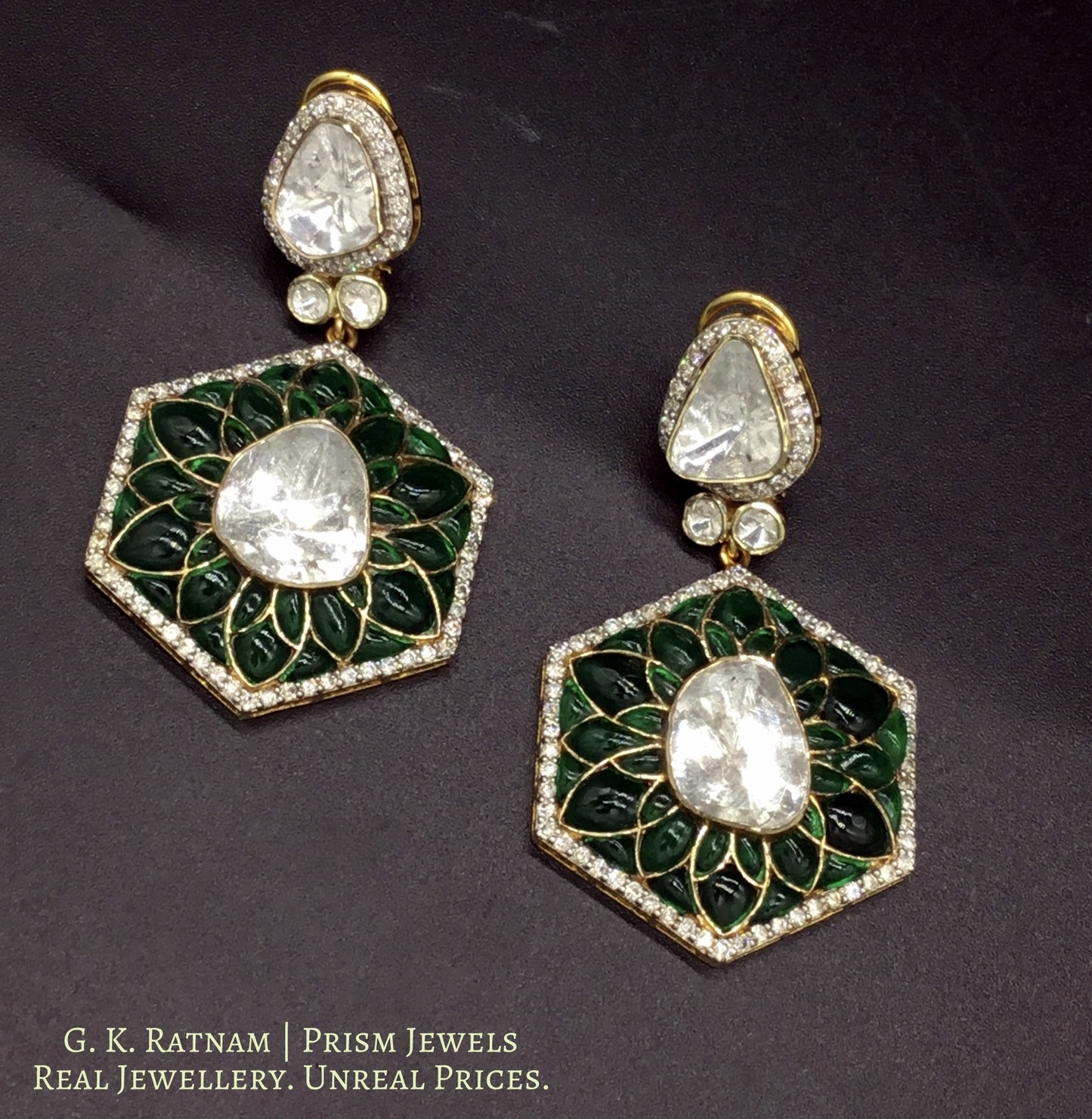 14k Gold and Diamond Polki Open Setting Long Earring Pair with emerald-grade green motifs - gold diamond polki kundan meena jadau jewellery