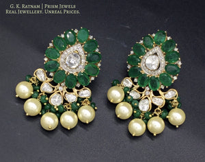 14k Gold and Diamond Polki fancy Open Setting Karanphool Earring Pair with emerald-grade green onyx - gold diamond polki kundan meena jadau jewellery