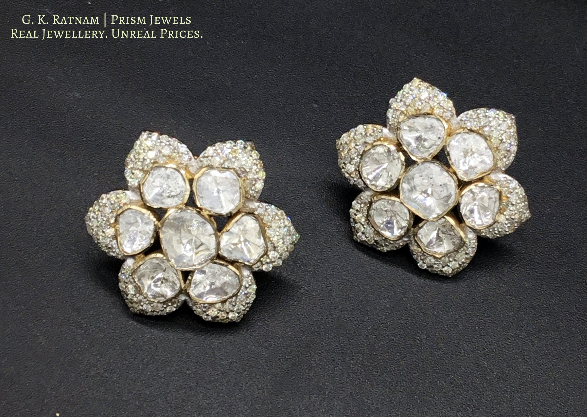 14k Gold and Diamond Polki Star-shaped Open Setting Karanphool Earring Pair - gold diamond polki kundan meena jadau jewellery