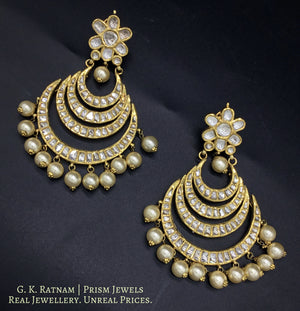 18k Gold and Diamond Polki Multi-tiered Chand Bali Earring Pair with south-sea grade shell pearls - gold diamond polki kundan meena jadau jewellery