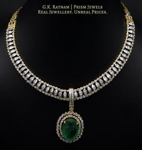 14k Gold and Diamond U-shaped Necklace Set with an oval emerald-grade hanging - gold diamond polki kundan meena jadau jewellery