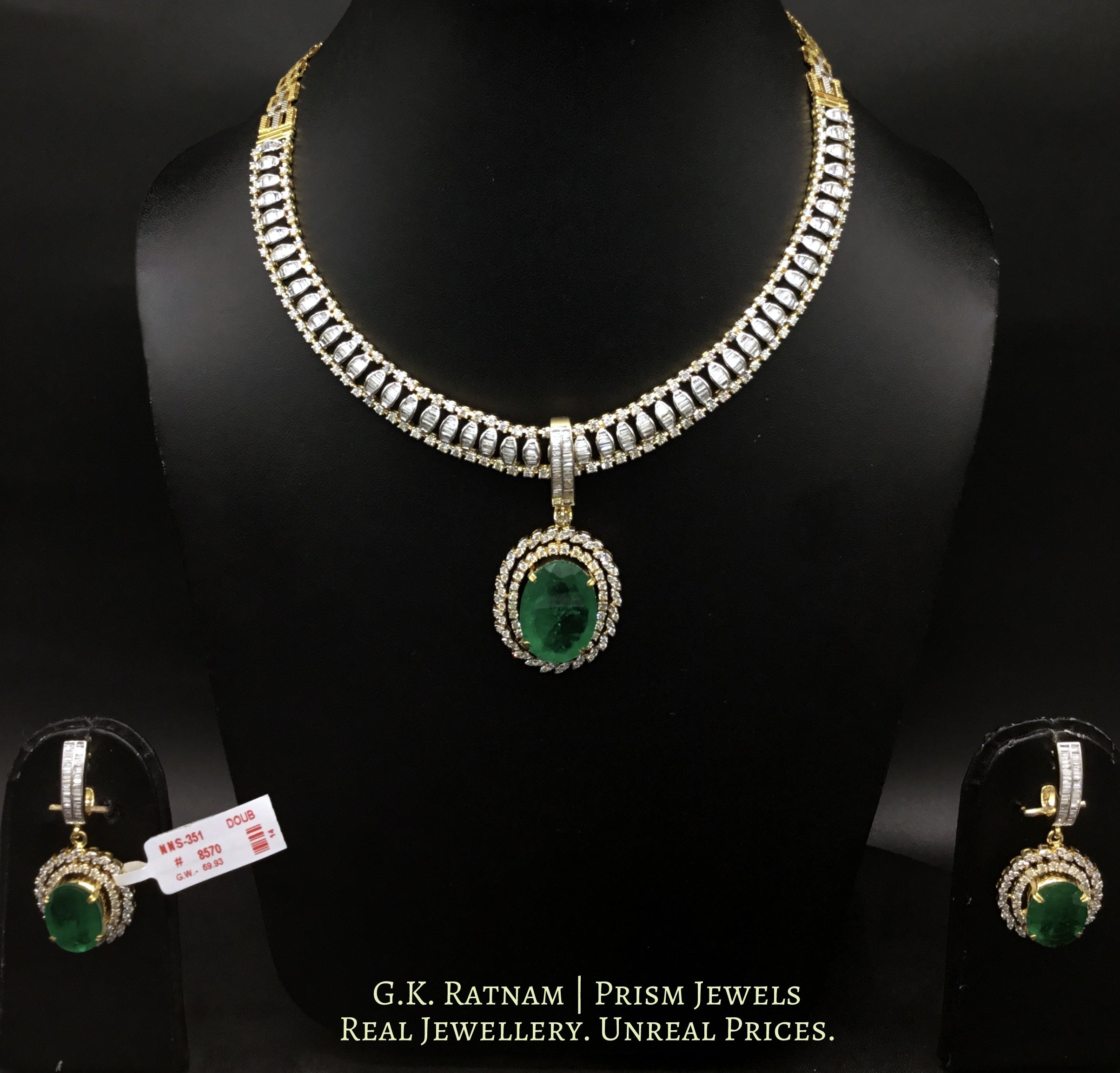 14k Gold and Diamond U-shaped Necklace Set with an oval emerald-grade hanging - gold diamond polki kundan meena jadau jewellery