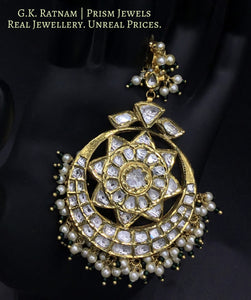 18k Gold and Diamond Polki Maang Tika with Pearl Bunches and a hint of green
