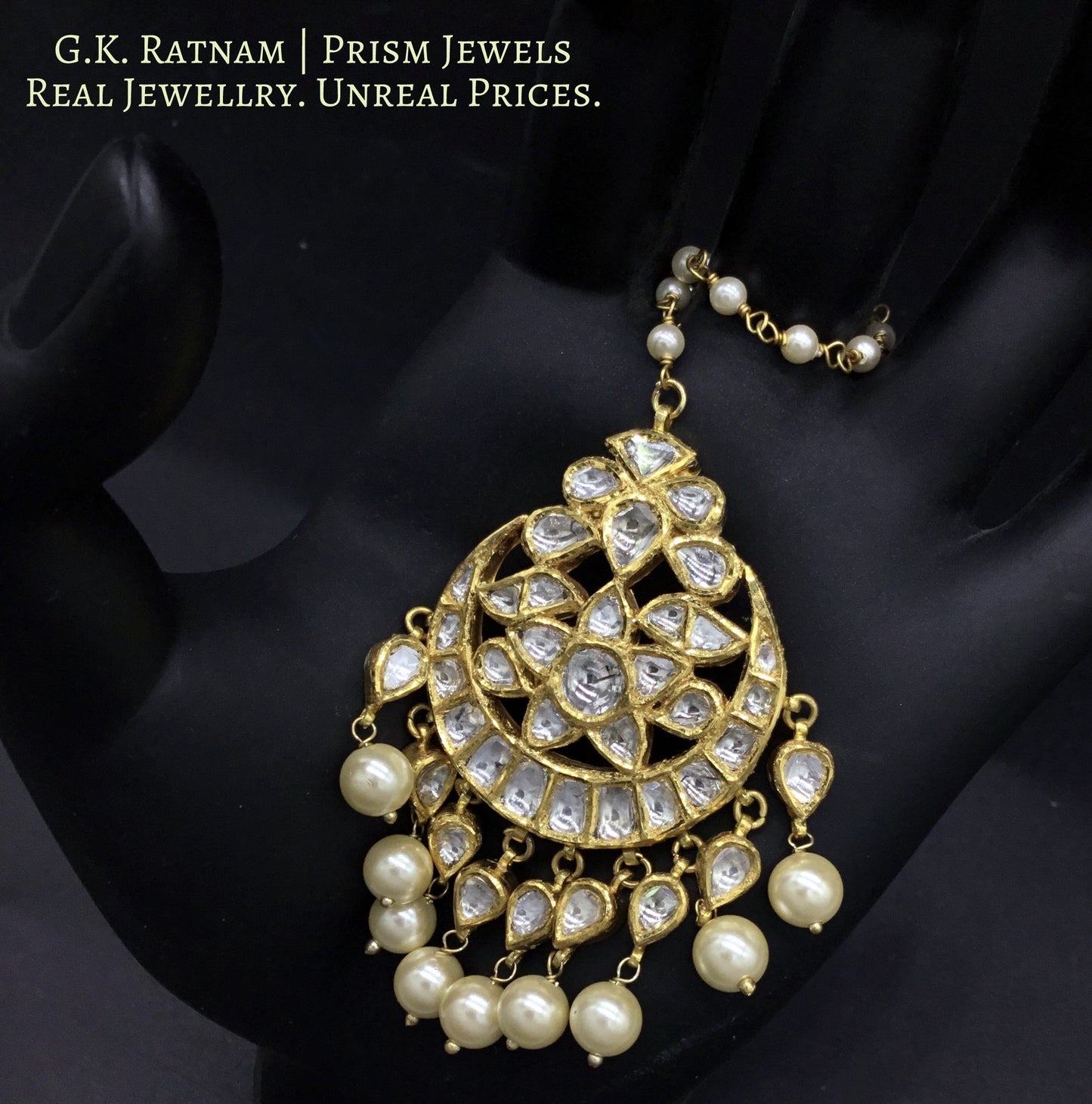 18k Gold and Diamond Polki Maang Tika with uncut pear-shaped hangings - gold diamond polki kundan meena jadau jewellery