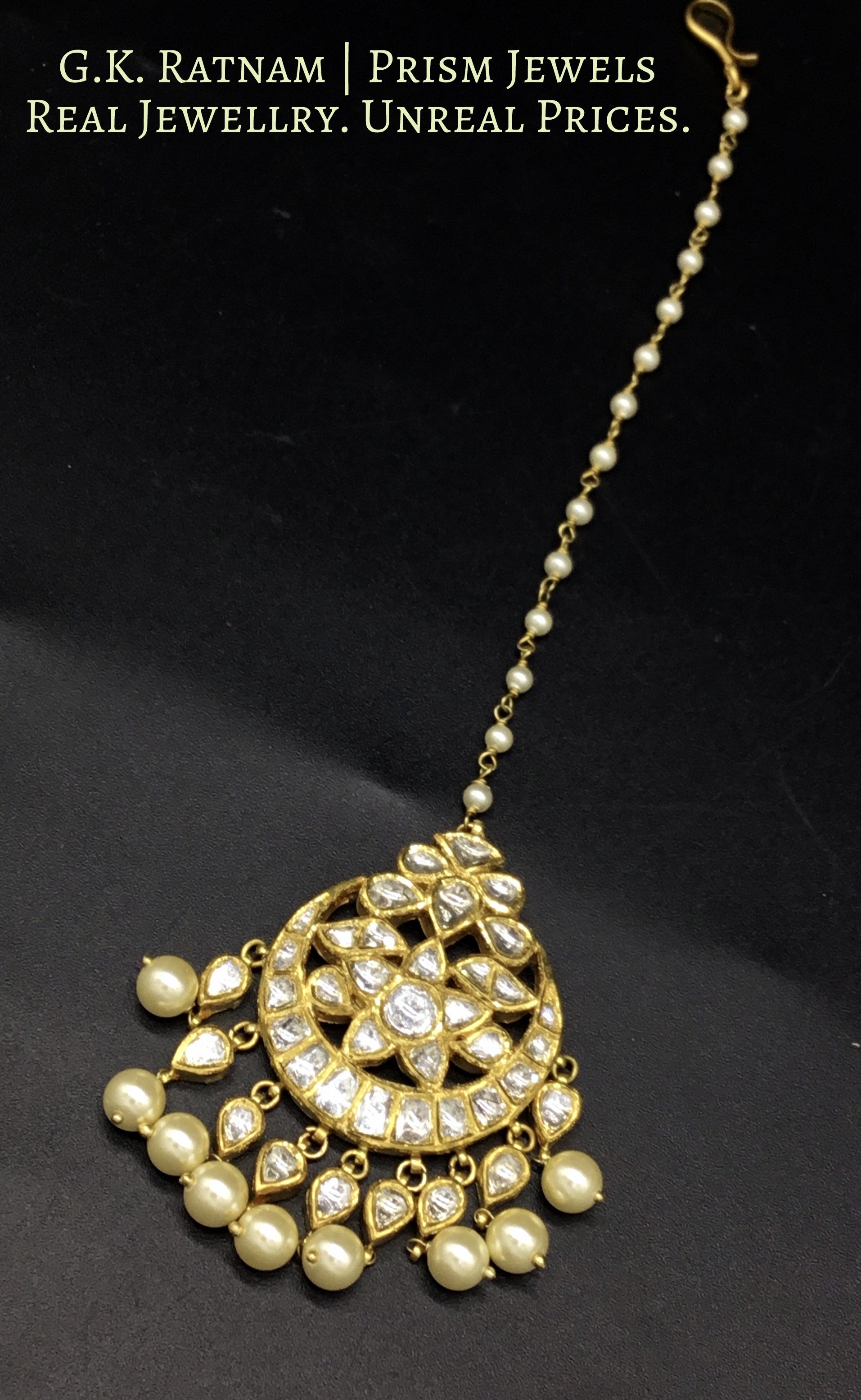 18k Gold and Diamond Polki Maang Tika with uncut pear-shaped hangings - gold diamond polki kundan meena jadau jewellery
