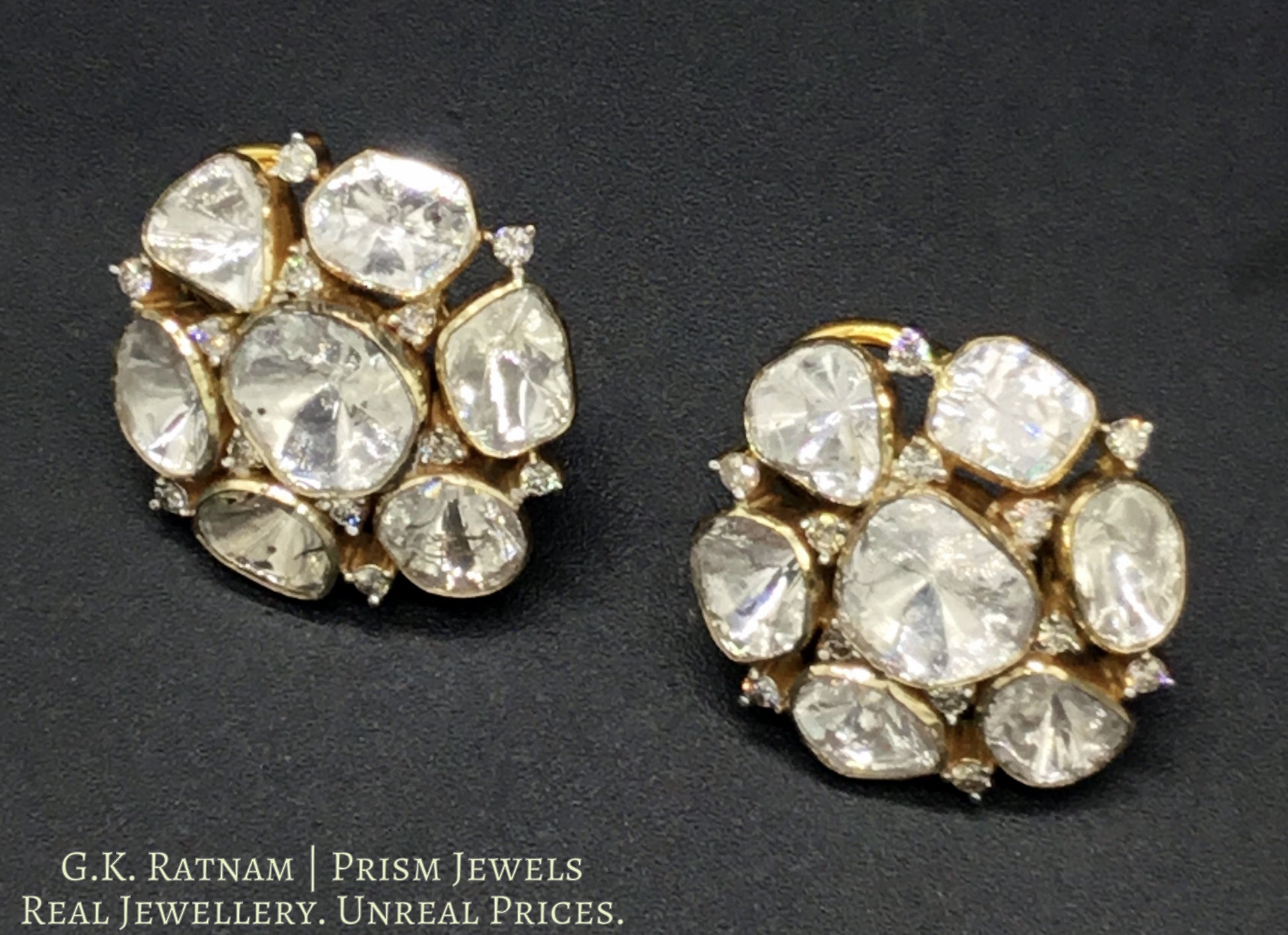 14k Gold and Diamond Polki Open Setting Tops / Studs Earring Pair with Cut Diamonds interspersed in Uncuts - gold diamond polki kundan meena jadau jewellery