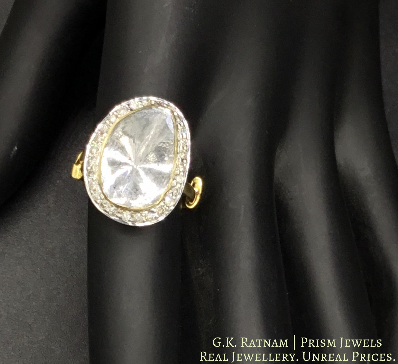 14k Gold and Diamond Polki Open Setting Ring with Big Uncut - gold diamond polki kundan meena jadau jewellery