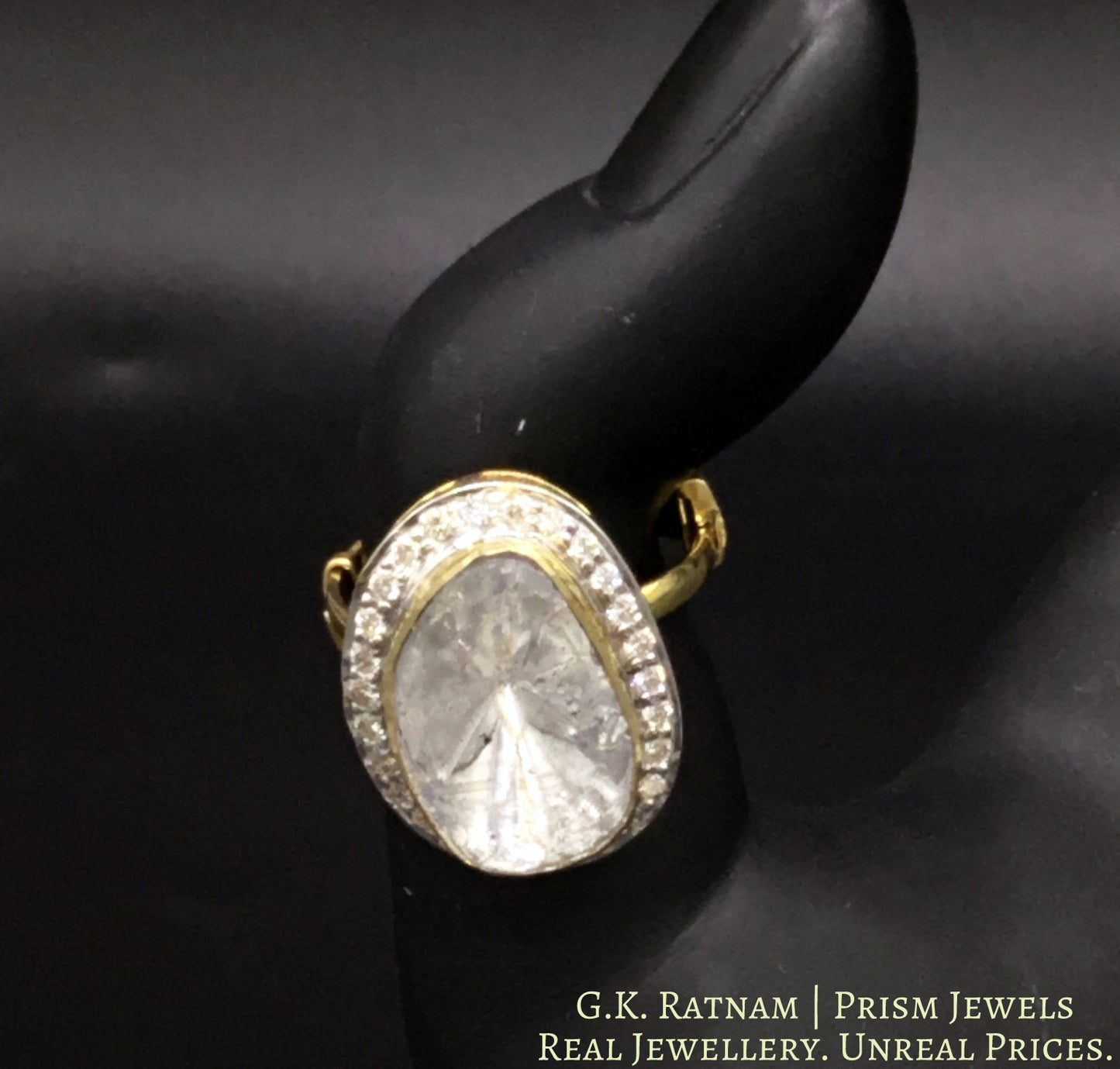 14k Gold and Diamond Polki Open Setting Ring with Big Uncut - gold diamond polki kundan meena jadau jewellery