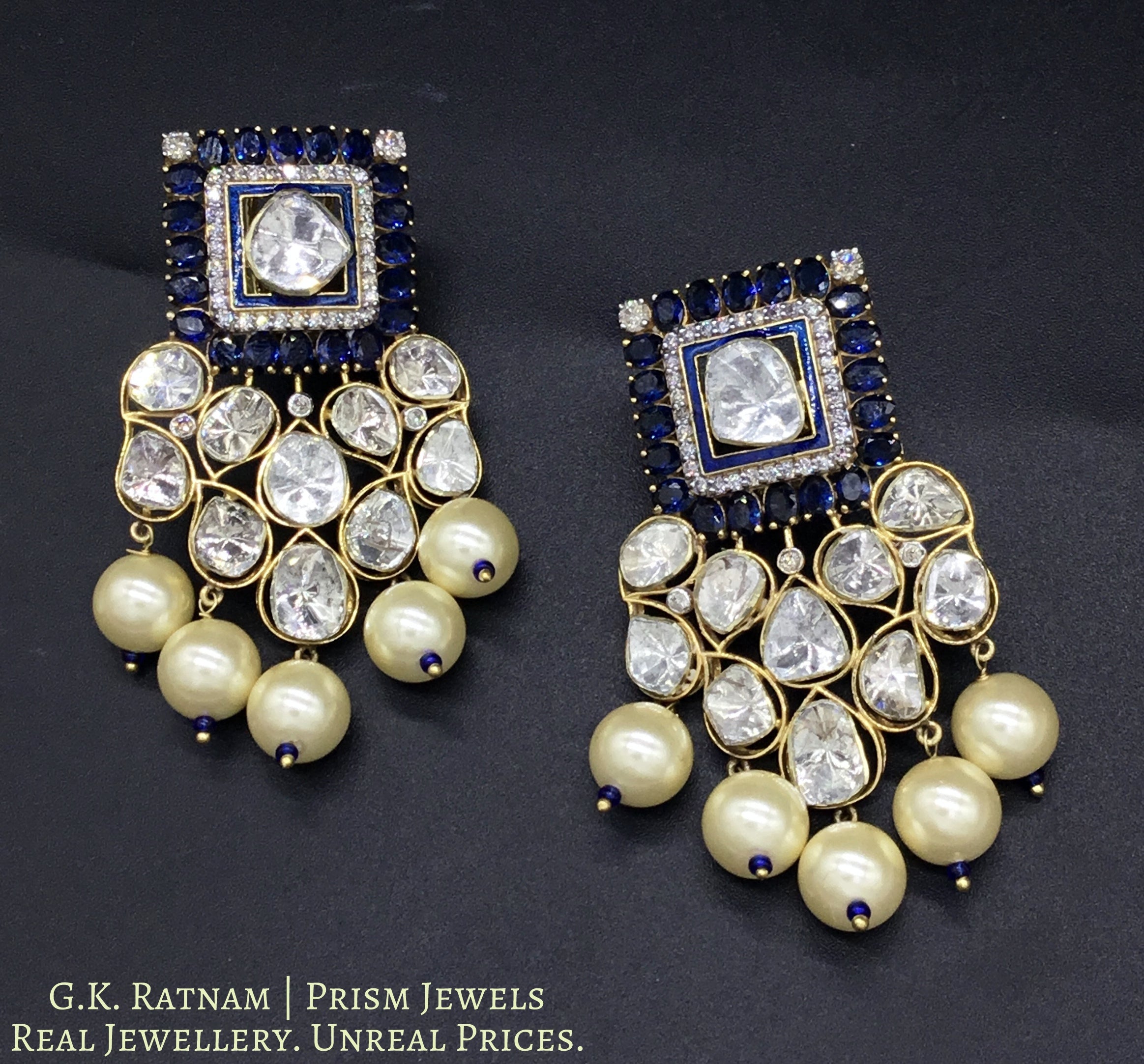 14k Gold and Diamond Polki Designer Open Setting Karanphool Earring Pair with Blue-Sapphires - gold diamond polki kundan meena jadau jewellery