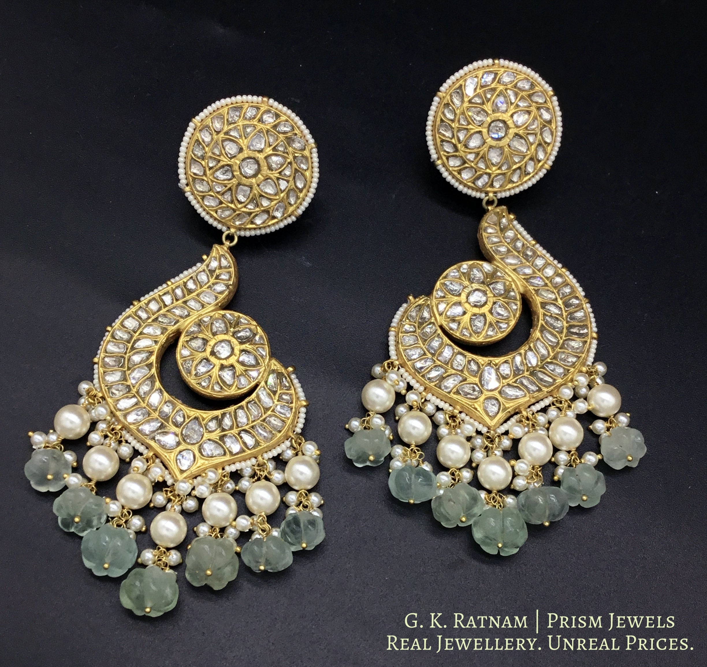 23k Gold and Diamond Polki Chand Bali Earring Pair with Green Fluorite Melons - gold diamond polki kundan meena jadau jewellery