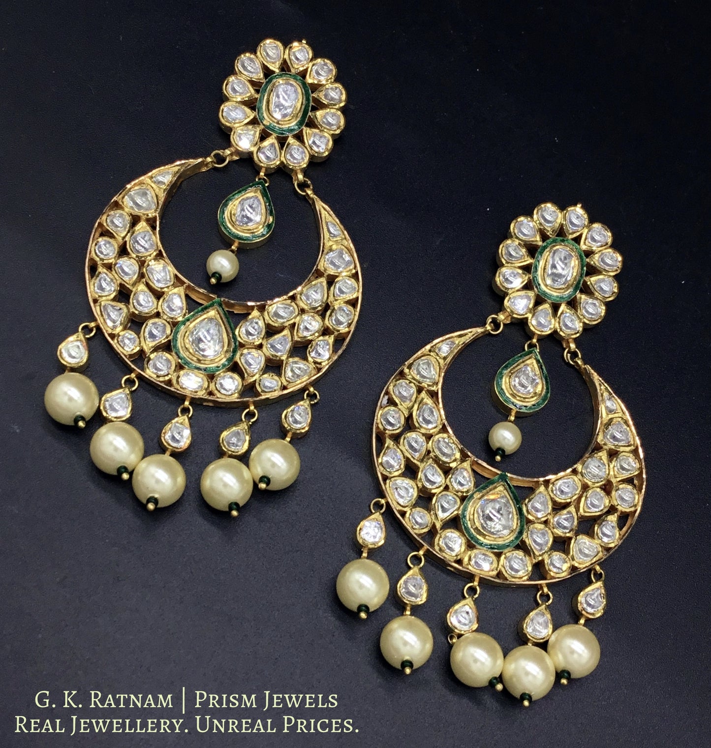 18k Gold and Diamond Polki Chand Bali Earring Pair with Green Enamel