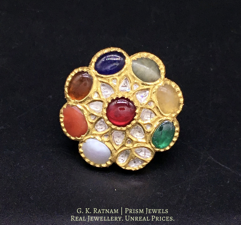 18k Gold and Diamond Polki Cocktail Ring with Navratna Stones - gold diamond polki kundan meena jadau jewellery