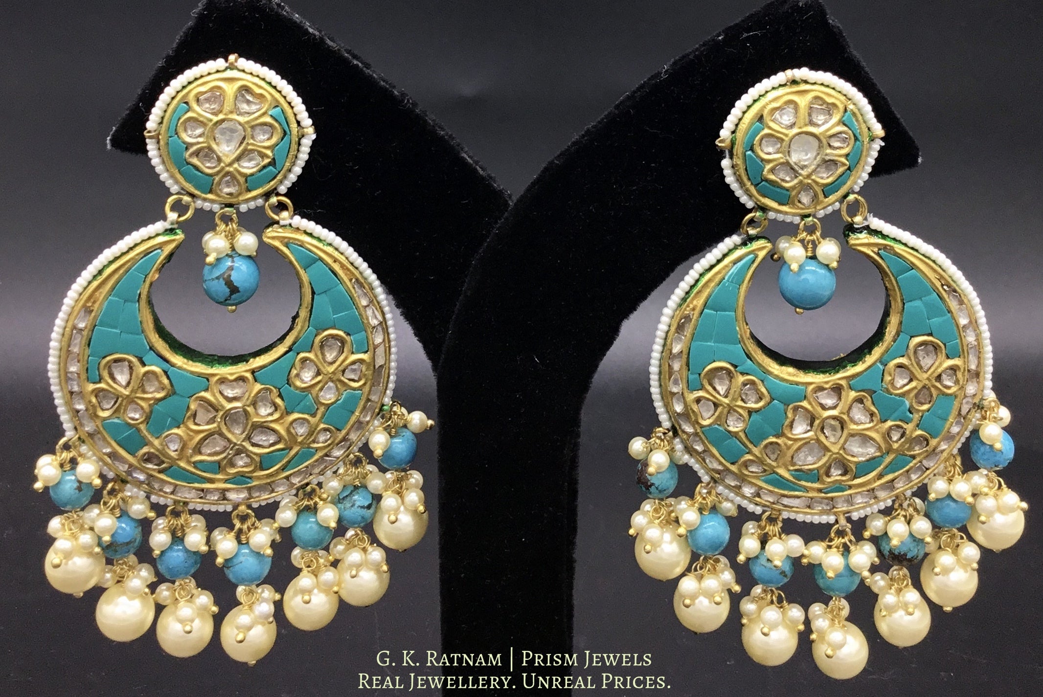 23k Gold and DIamond Polki Chand Bali Earring Pair with Turquoise Sett ...