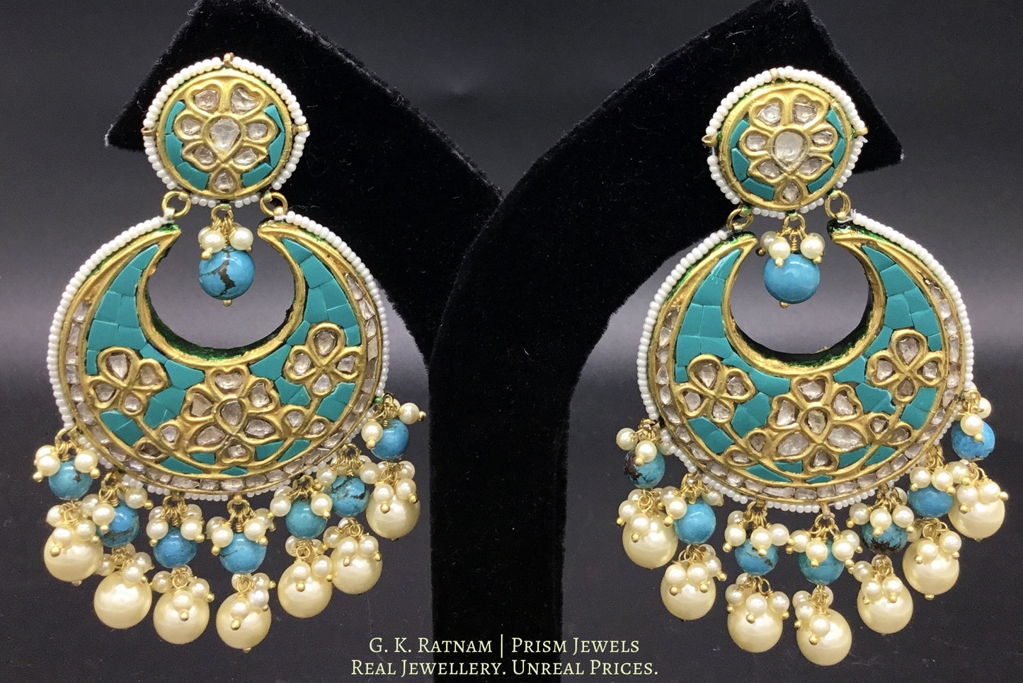 23k Gold and DIamond Polki Chand Bali Earring Pair with Turquoise Setting - G. K. Ratnam