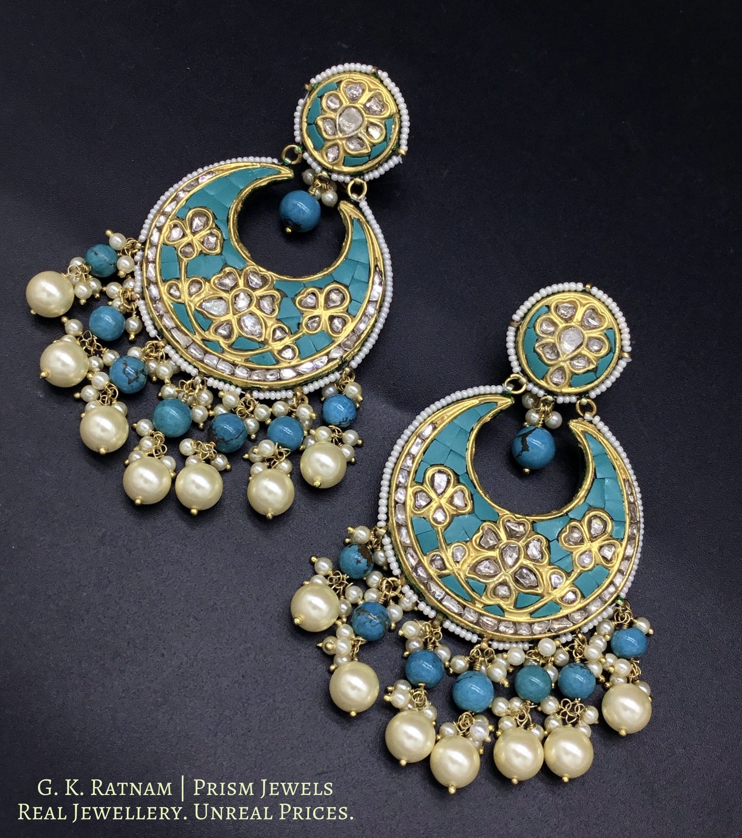 23k Gold and DIamond Polki Chand Bali Earring Pair with Turquoise Setting - G. K. Ratnam