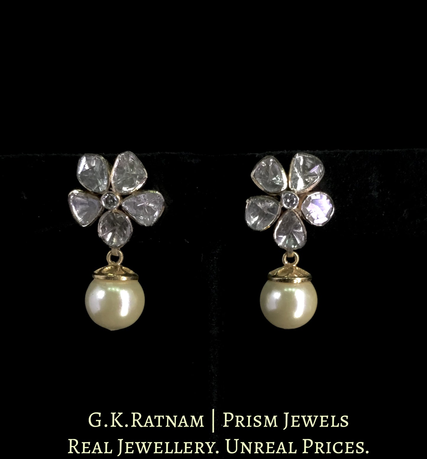 14K Gold and Diamond Polki Open Setting Floral Tops / Studs Earring Pair with Pearl Hangings