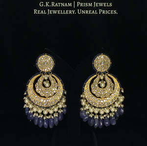 23k Gold and Diamond Polki Chand Bali Earring Pair strung with Blue Sapphires and lustrous Pearls