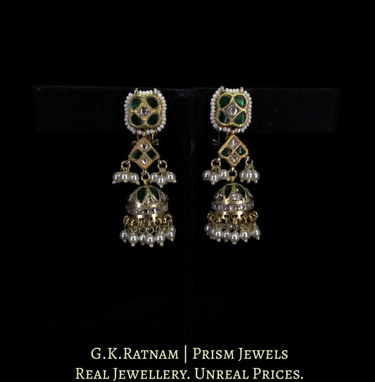 23k Gold and Diamond Polki Small Green Jhumki Earring Pair - G. K. Ratnam
