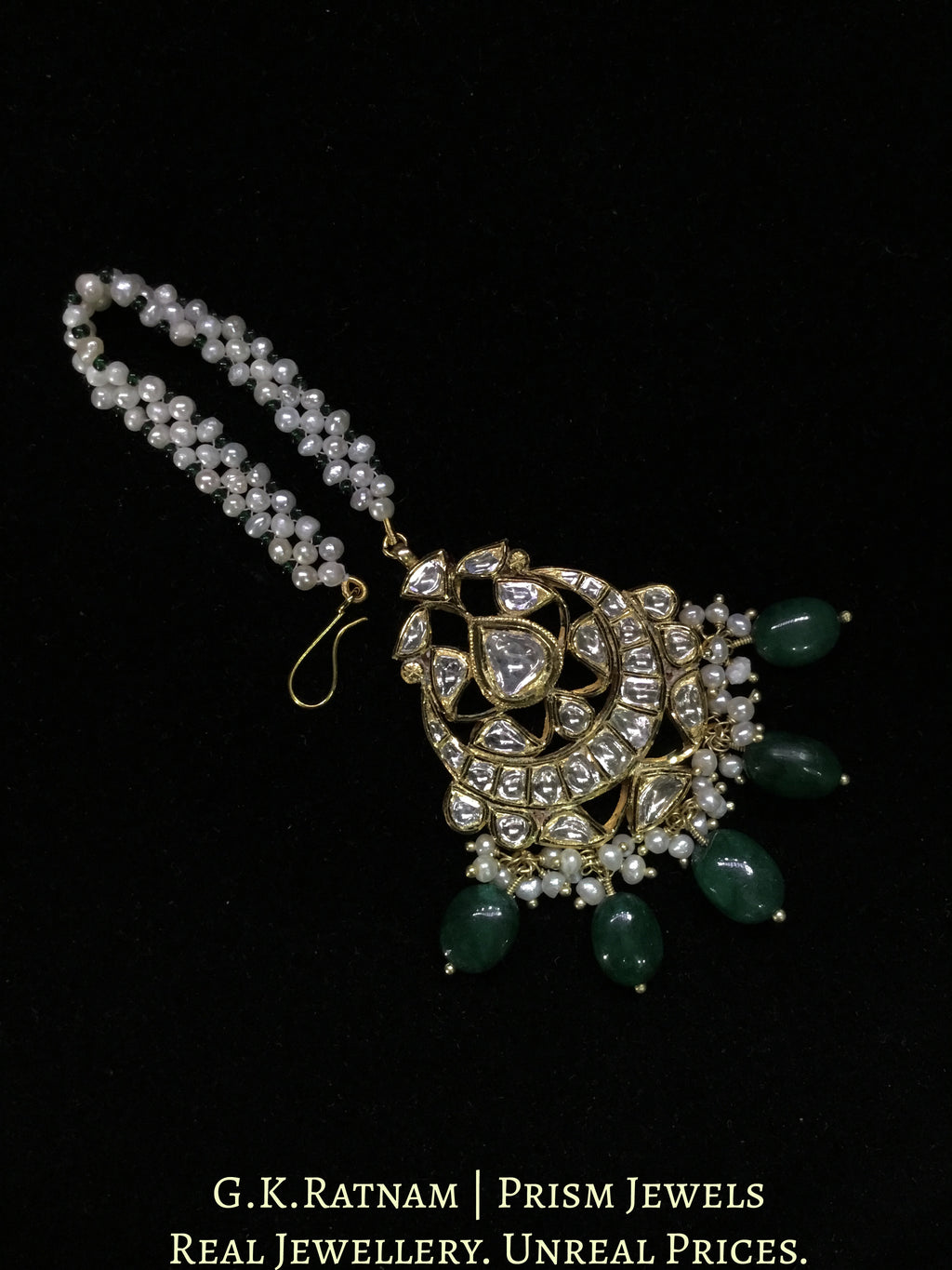 18k Gold and Diamond Polki Maang Tika With emerald-grade Green Beryls and Pearls
