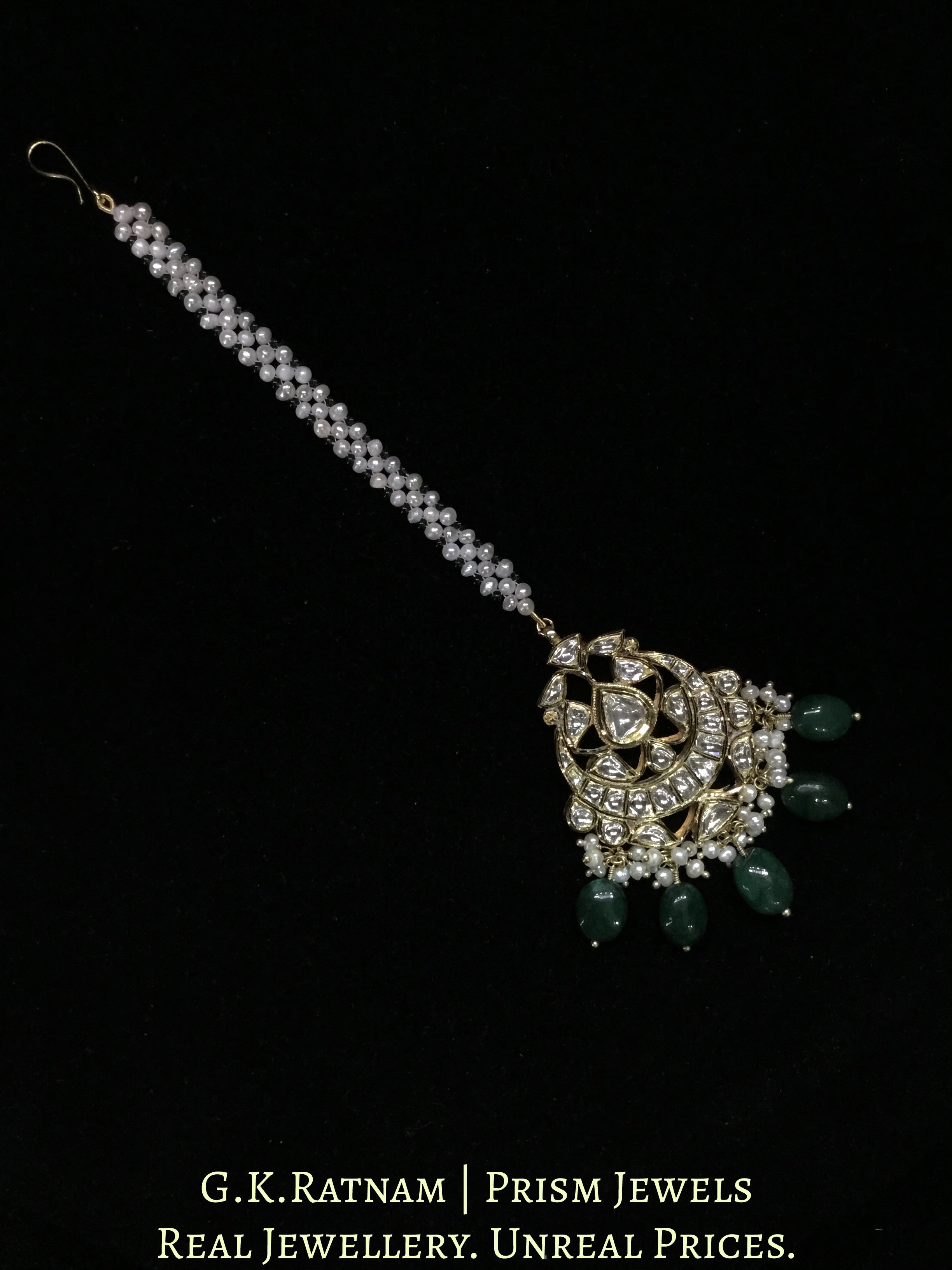 18k Gold and Diamond Polki Maang Tika With emerald-grade Green Beryls and Pearls