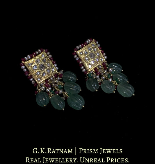 23k Gold and Diamond Polki Earring Pair with antiqued freshwater pearls and carved melons