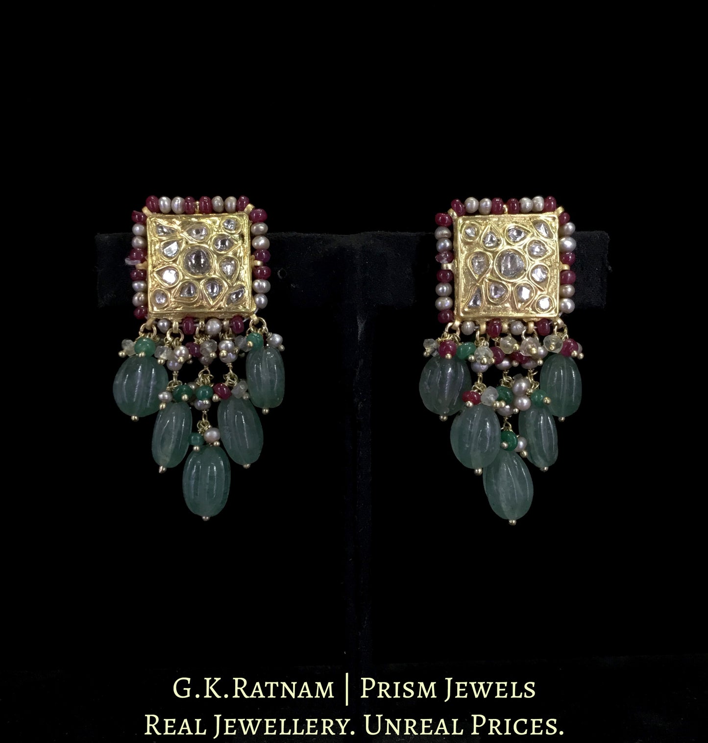 23k Gold and Diamond Polki Earring Pair with antiqued freshwater pearls and carved melons