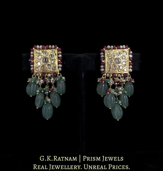 23k Gold and Diamond Polki Earring Pair with antiqued freshwater pearls and carved melons