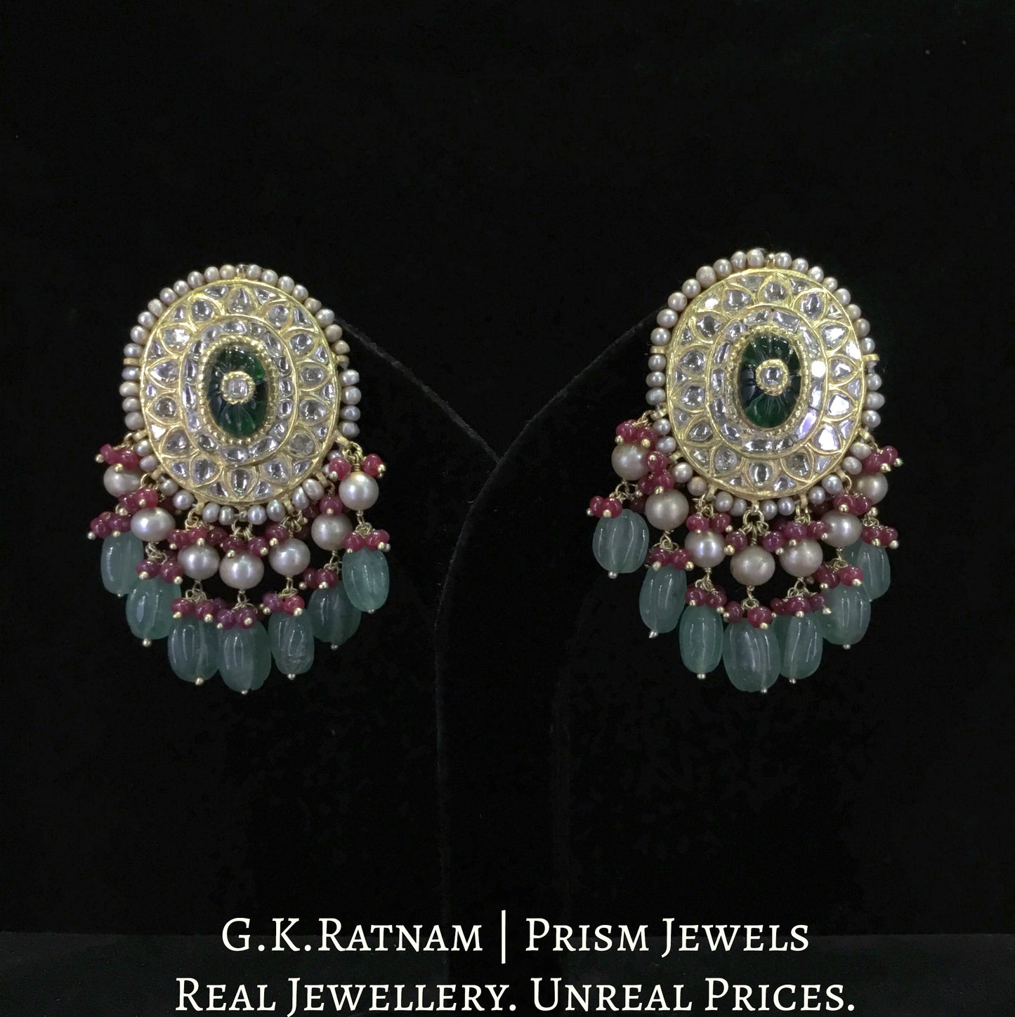 23k Gold and Diamond Polki Earring Pair with carved melons and antiqued freshwater pearls