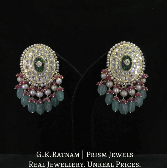 23k Gold and Diamond Polki Earring Pair with carved melons and antiqued freshwater pearls