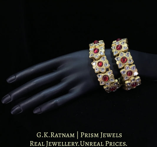 23k Gold and Diamond Polki Bracelet Pair (Paunchi / Ponchi) with ruby-red Stones