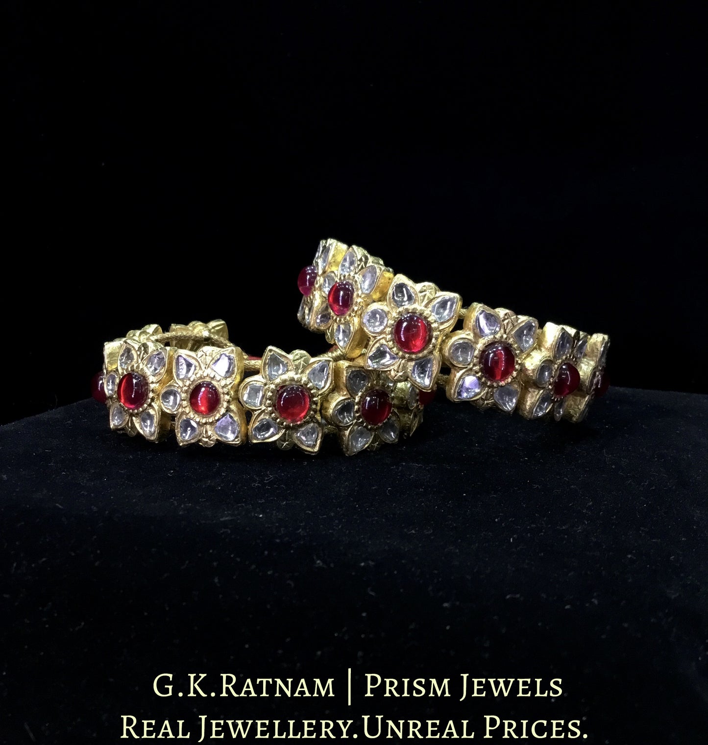 23k Gold and Diamond Polki Bracelet Pair (Paunchi / Ponchi) with ruby-red Stones