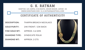 23k Gold and Diamond Polki Broach Necklace with round tikda strung in pearls and emerald-grade green beryls - G. K. Ratnam