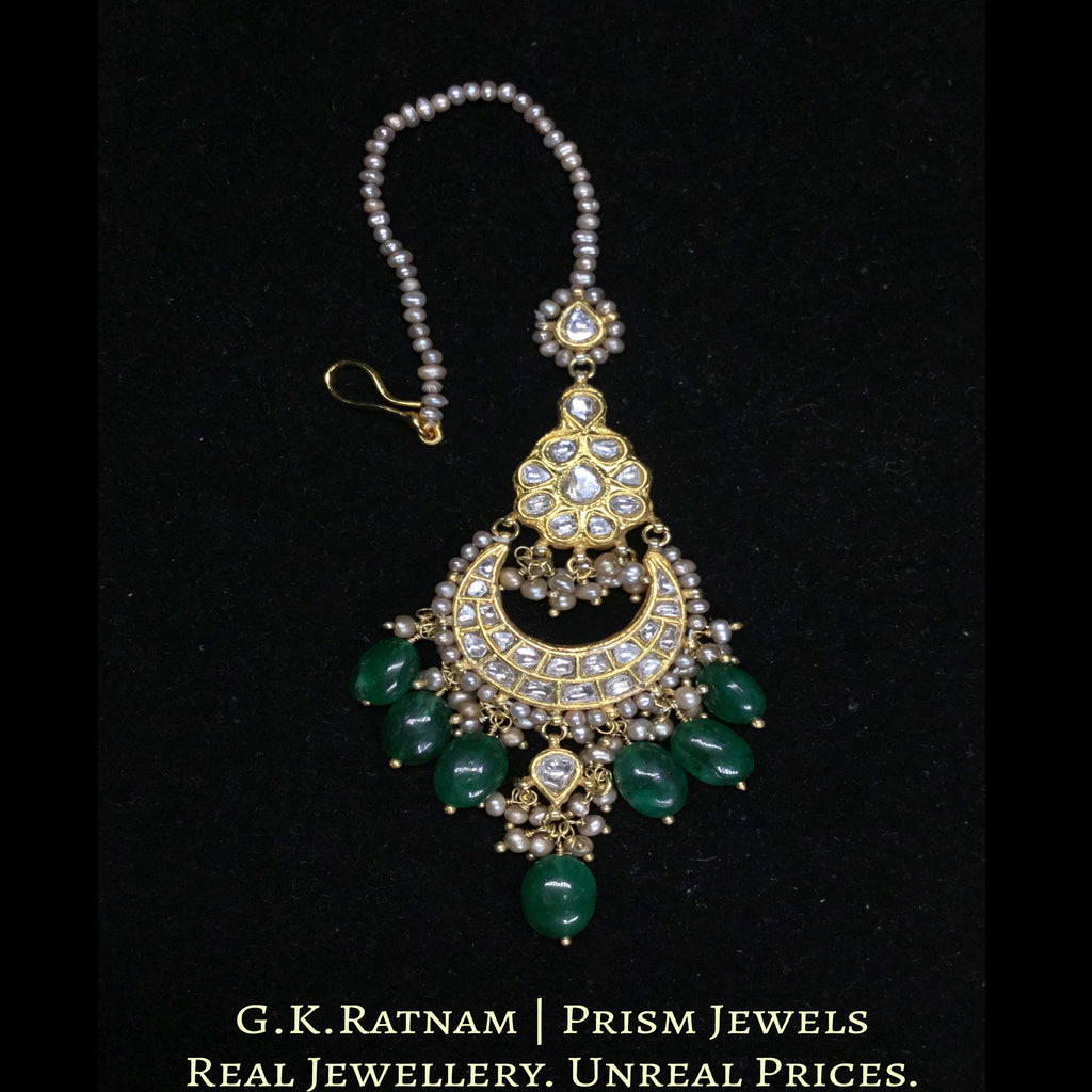 23k Gold and Diamond Polki Maang Tika With Green Beryls and Antiqued Freshwater Pearls