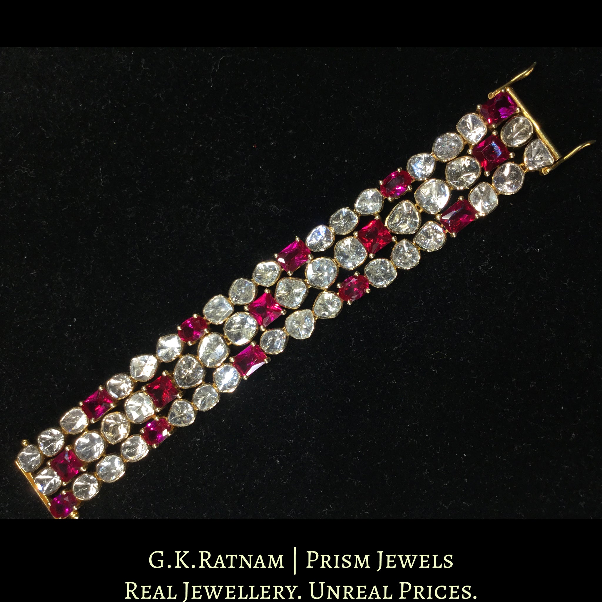 18k Gold and Diamond Polki Open Setting Bracelet with ruby-red Stones