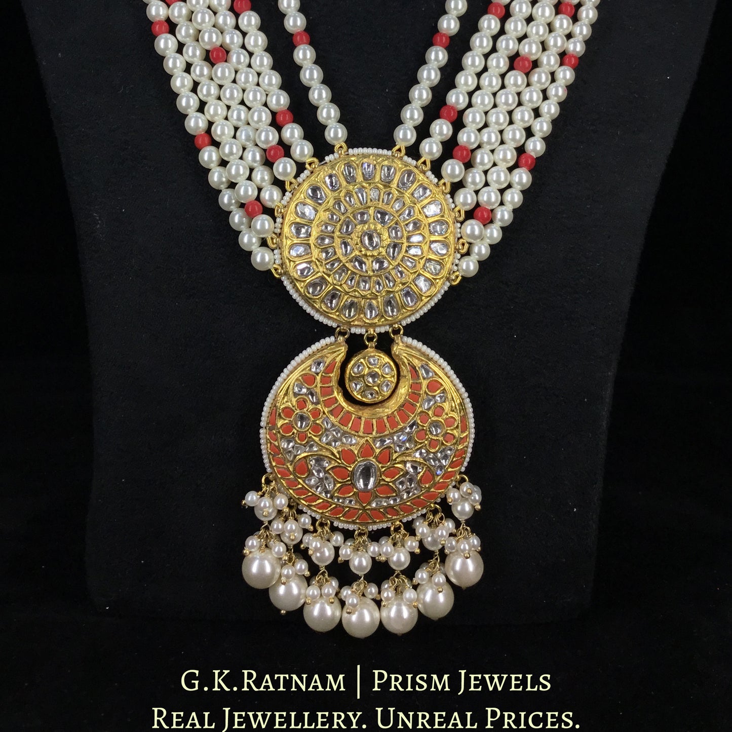 23k Gold and Diamond Polki Long Pendant Set with Coral (moonga) elements