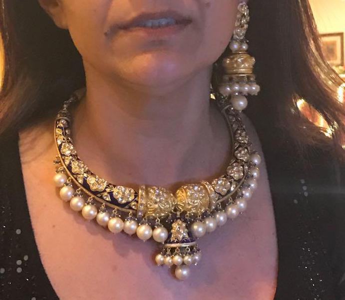 22k Gold and Diamond Polki blue enamel Hustlie Necklace Set with Natural South Sea Pearls - G. K. Ratnam
