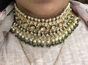 18k Gold and Diamond Polki green Choker Necklace Set with triple-coated shell pearls and emerald-green bead clusters - G. K. Ratnam