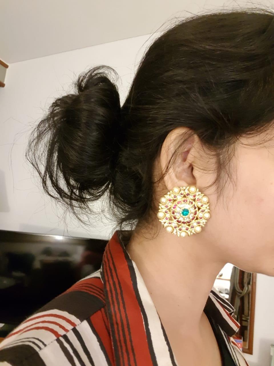 18k Gold and Diamond Polki south-style Karanphool Earring Pair with Rubies and Emeralds - G. K. Ratnam