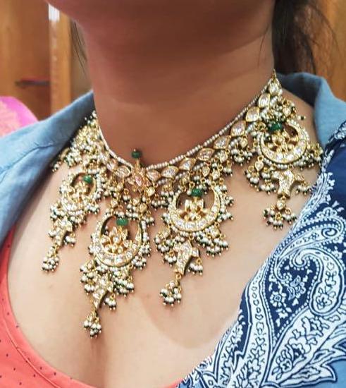 18k Gold and Diamond Polki Choker Necklace Set with multiple Chands & Fishes