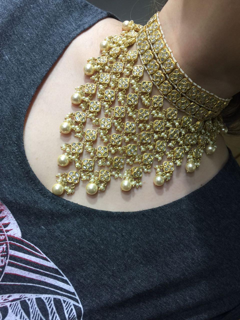 23k Gold and Diamond Polki Choker Necklace with triple-coated shell pearls - G. K. Ratnam