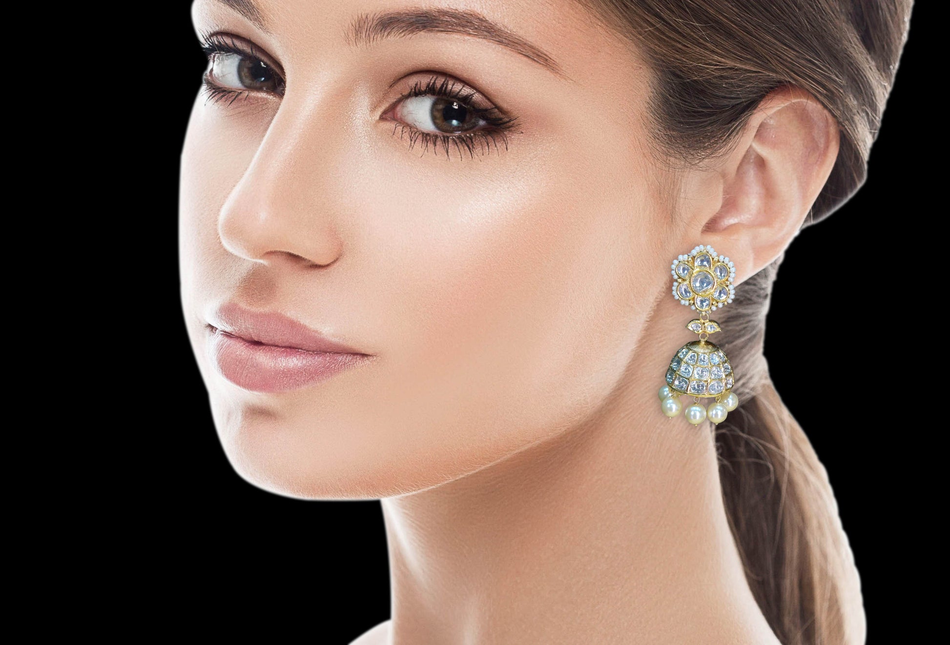 18k Gold and Diamond Polki Jhumki Earring Pair with lustrous Pearls - G. K. Ratnam