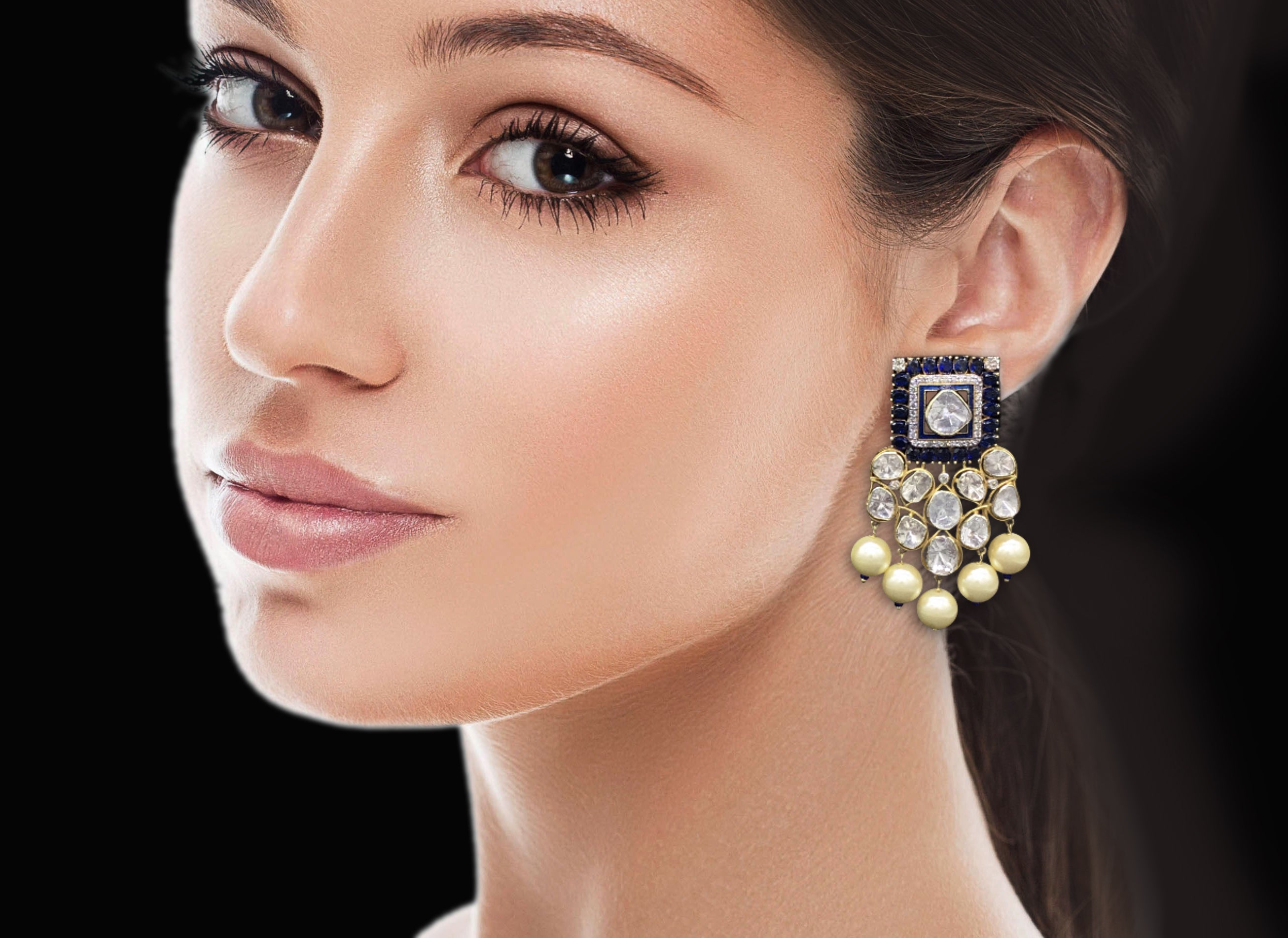 14k Gold and Diamond Polki Designer Open Setting Karanphool Earring Pair with Blue-Sapphires