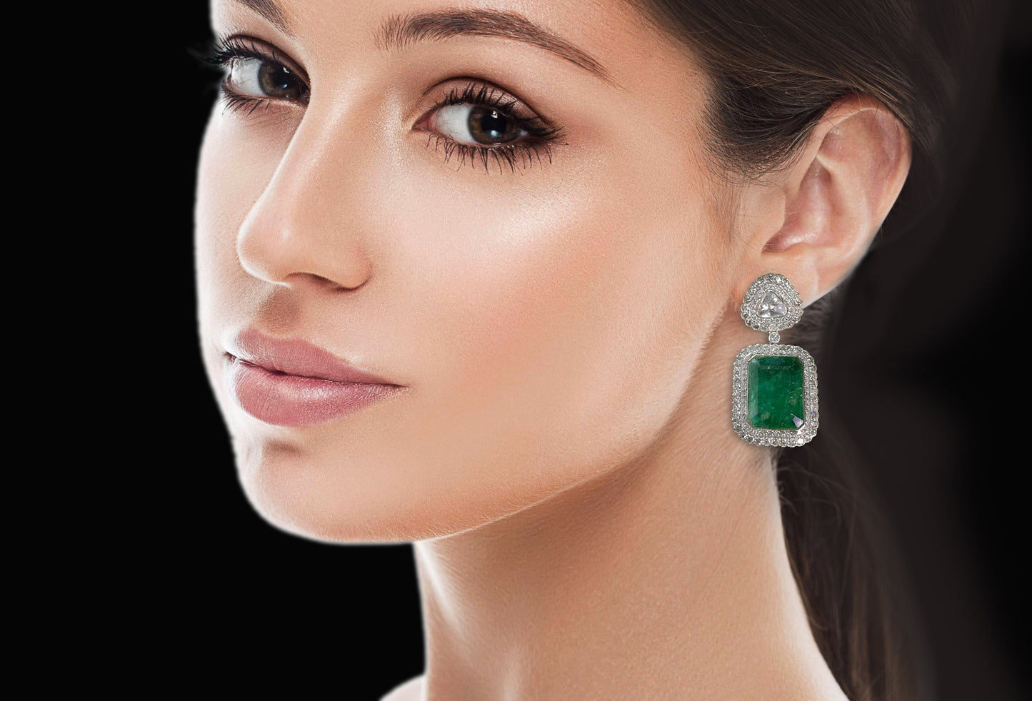 18k Gold and Diamond Polki Open setting Earring Pair with emerald-grade Green Beryls - G. K. Ratnam