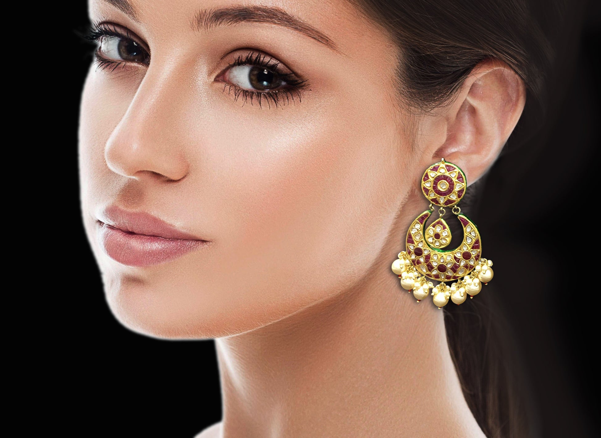 23k Gold and Diamond Polki Chand Bali Earring Pair set with rubies and enhanced with pearls - G. K. Ratnam