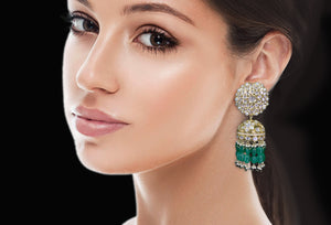 18k Gold and Diamond Polki Karanphool Jhumki Earring Pair with emerald-grade green beryls