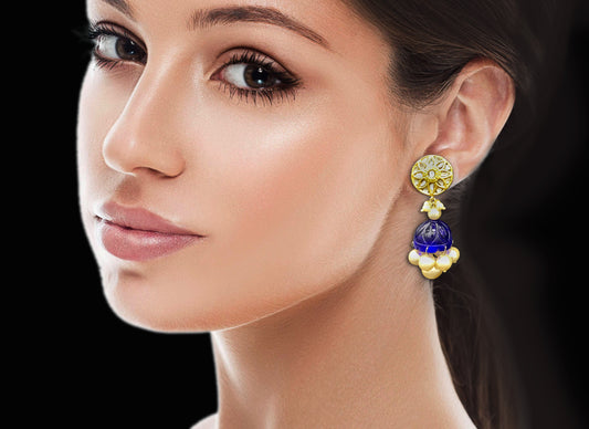 23k Gold and Diamond Polki Jhumki Earring Pair with royal blue glass jhumkas - G. K. Ratnam